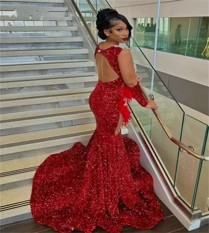 Vestido longo vermelho para baile de formatura para meninas negras, sereia, lantejoulas transparentes, penas, cristais, vestidos de festa de aniversário, vestido de noite feminino personalizado