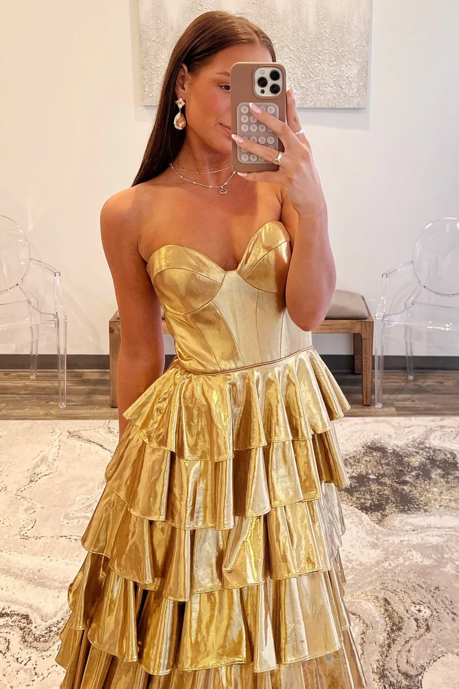 Vestido de festa elegante, sem mangas, estilo império, em camadas, para formatura