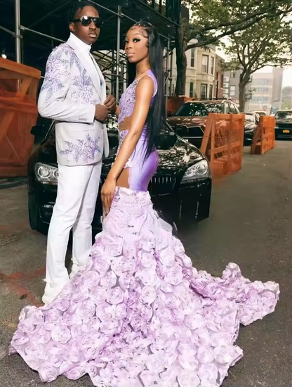 Vestidos de festa de formatura luxuosos em lilás claro com sereia para meninas negras 2025 com flores 3D personalizadas e transparentes