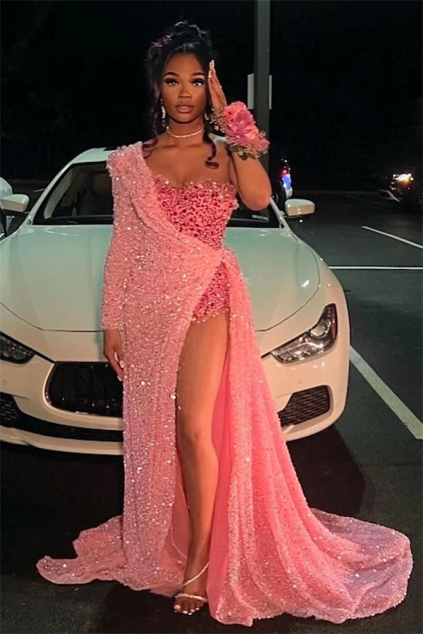 Watermelon Red Strapless One Shoulder Sequins Chapel Train Front Side Prom Dress