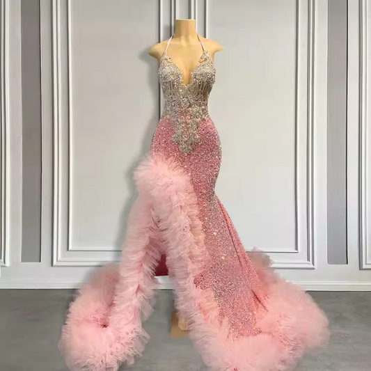Vestidos longos de baile rosa para meninas negras com babados, fenda lateral, cristais brilhantes, sereia, vestido de baile de luxo, personalizado, 2025
