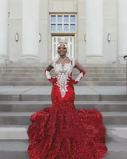 Vestido de baile longo sereia vermelho luxuoso 2025 para meninas negras com miçangas, cristais, penas, festa de aniversário, recepção de casamento, personalizado