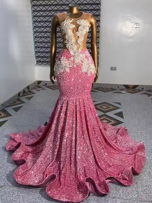 Vestidos de baile longos, pretos e transparentes, cor-de-rosa, luxuosos, para mulheres, com top sexy, diamantes, sereia, lantejoulas, para festa de gala à noite