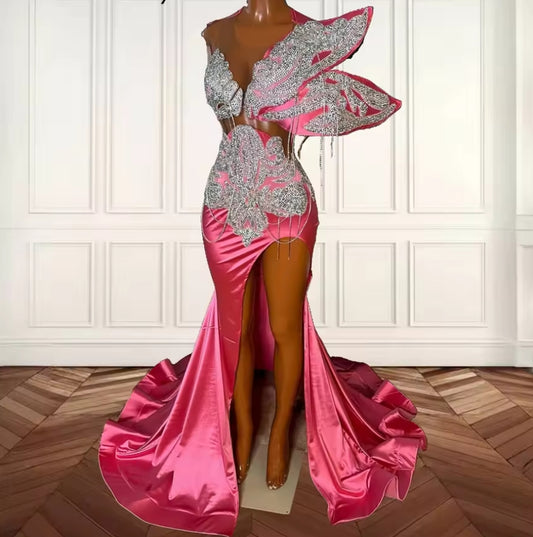 Vestidos de baile longos com borlas rosa choque, pretos, para meninas, sereia, com fenda alta, com contas de cristal, gola redonda, vestido de noite personalizado