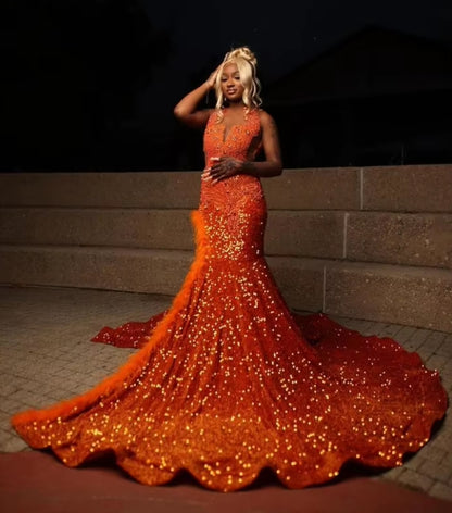 Robe de soirée luxueuse et chaude pour filles noires, ornée de diamants, de paillettes et de perles, nouvelle collection sexy à fente haute et plumes