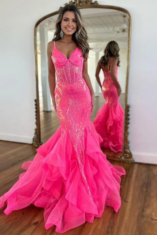 Vestidos formais sereia com alças finas e lantejoulas, longo, rosa choque, vestidos de noite, vestidos de baile com babados