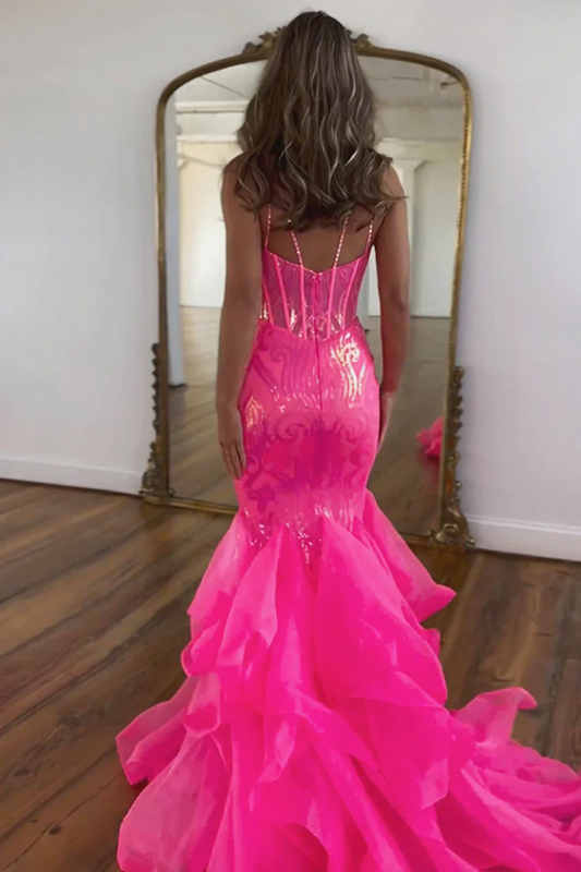 Vestidos formais sereia com alças finas e lantejoulas, longo, rosa choque, vestidos de noite, vestidos de baile com babados