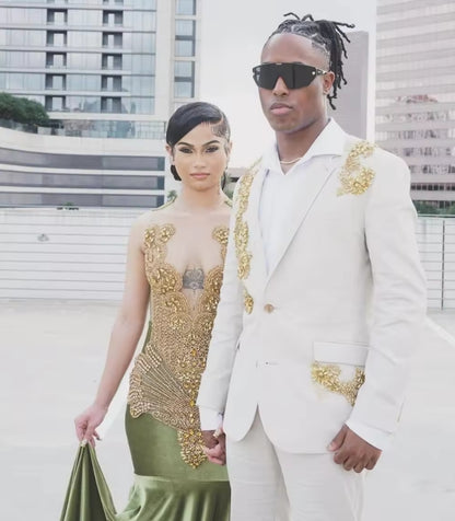 Vestido de fiesta de sirena de terciopelo oliva brillante personalizado para niña negra con cuentas de cristal y diamantes dorados, vestido de fiesta de cumpleaños 2025