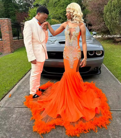 Vestido de baile sereia com penas laranja e contas de cristal prateado, vestidos pretos para meninas, festa, casamento, noite, vestido de gala personalizado