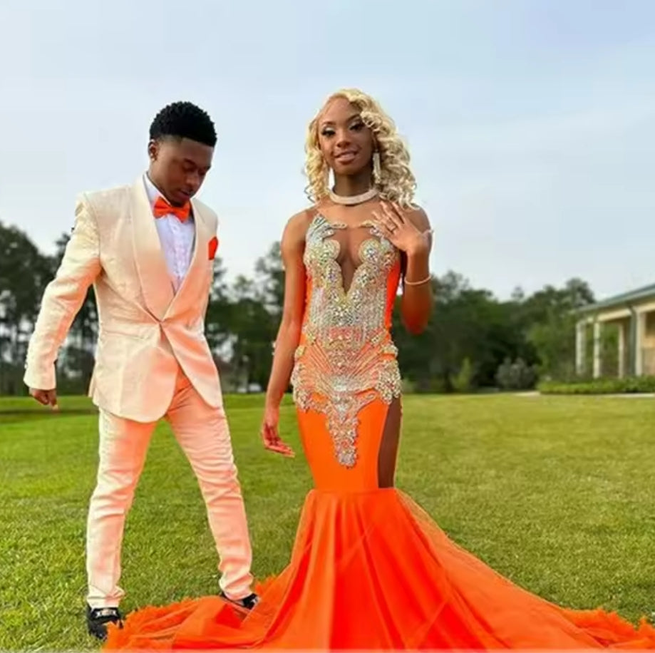 Vestido de baile sereia com penas laranja e contas de cristal prateado, vestidos pretos para meninas, festa, casamento, noite, vestido de gala personalizado
