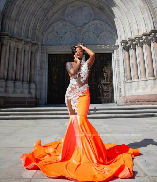 Hermoso vestido de fiesta de sirena naranja 2025 elegante aplique de cuentas sexy malla transparente negro niñas abito cerimonia donna personalizado