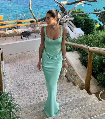 Vestido de festa longo de chiffon, sereia verde, com alças finas, personalizado, 2025