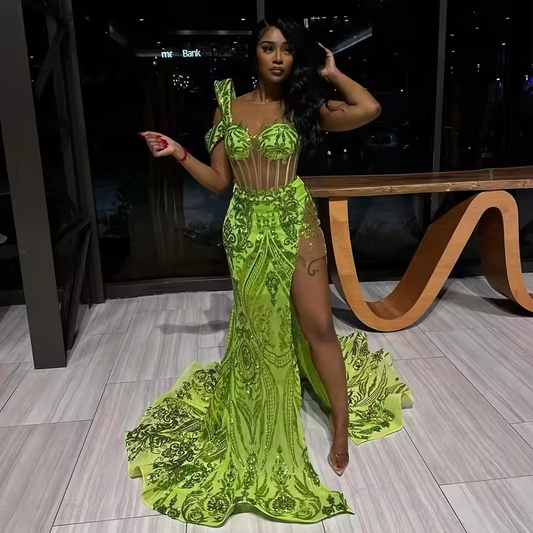 Vestido de fiesta de sirena con lentejuelas brillantes, vestido de noche de encaje con abertura lateral, escote joya transparente, vestido para ocasiones especiales