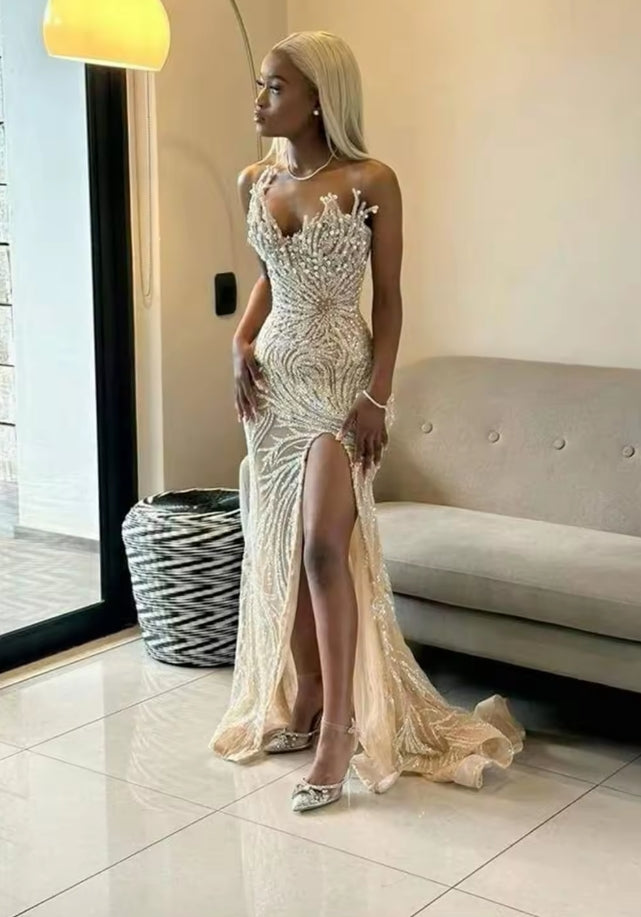 Robe de soirée sirène africaine champagne, fendue sur le côté, pour femme, tenue de soirée, de mariage, sur mesure