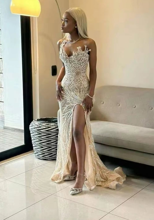 Vestidos de celebridades africanos de sirena con champán y laterales abiertos para mujer, vestidos de noche para fiesta de boda, vestidos de noche personalizados