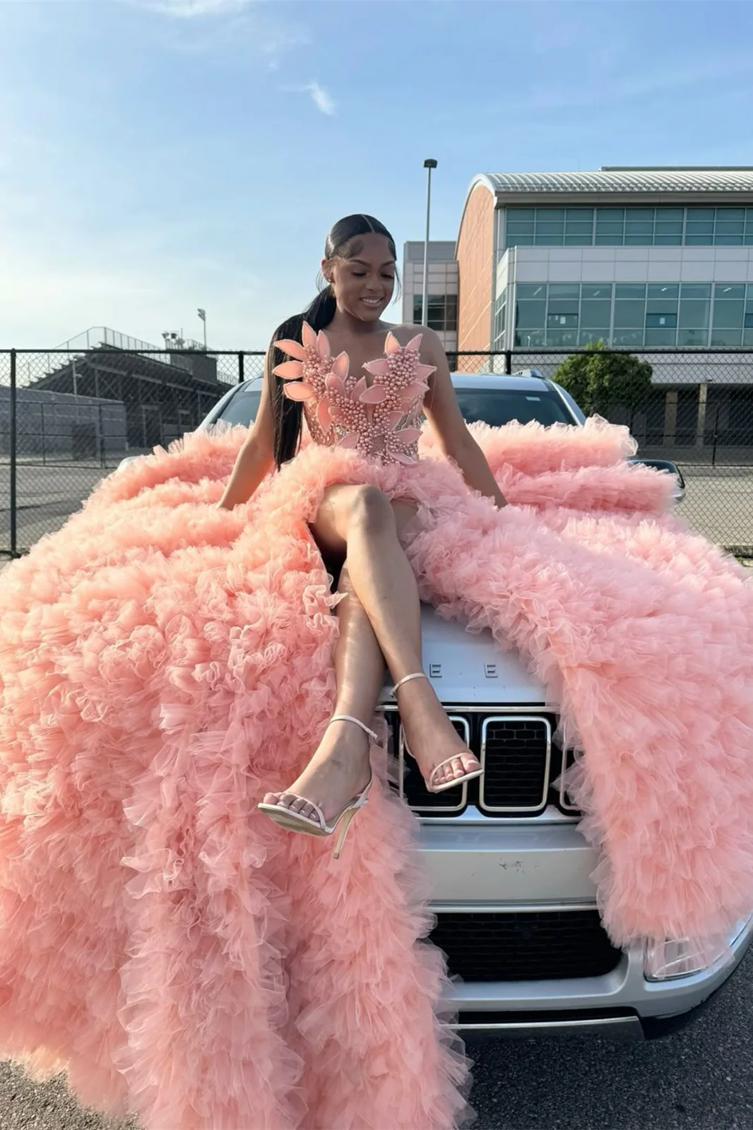 Gorgeous Long Pink Mermaid Sleeveless Beading Pearls Prom Dress with Slit