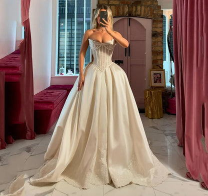lvory Satin Wedding Dress Basque Waist A Line Long Bridal Gowns Bone Tight Bride Dresses 2025 Customized vestido de novia
