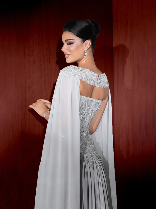 2026 Luxury Beaded Gray Strapless A Line Evening Gown With Detachable Cape Sleeves For Women