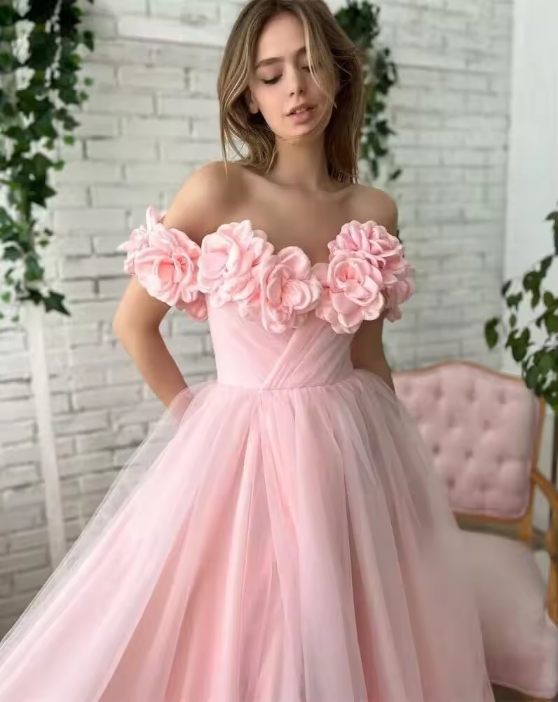 Peach Pink Flowers Off the Shoulder Graduation Dresses Tulle A-line 3D Flower Side Slit Floor-Length Prom Dress Teen's Ball Gown