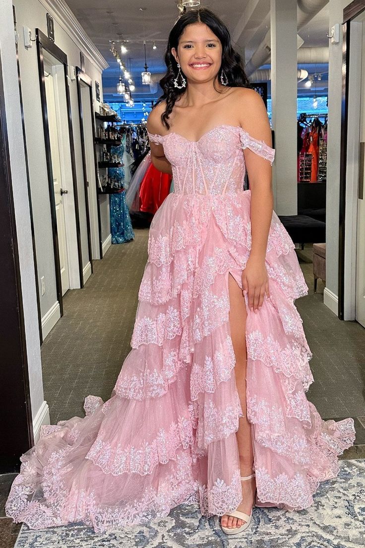 Lindo vestido longo de baile com decote em A e ombro de fora, de renda rosa e fenda, vestido formal de noite