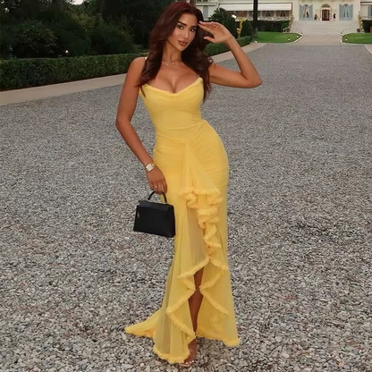 Nouveautés Robe moulante à bretelles spaghetti Robe longue froncée tendance pour femmes