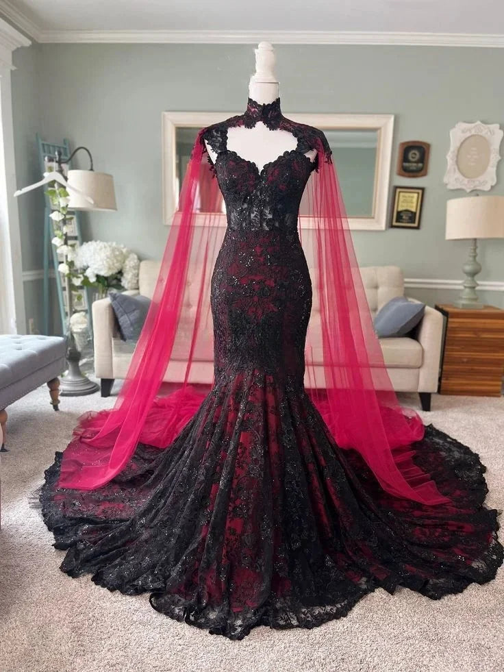 Robe de mariée gothique classique noire et rouge, vintage, en dentelle, avec appliques, sexy, plissée, à volants, cape détachable, pour occasions spéciales, personnalisée