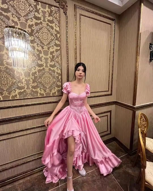 Vestido corpete princesa rosa elegante em linha A personalizado, vestidos para festa de aniversário à noite com fenda nas pernas e babados, vestido para ocasiões especiais