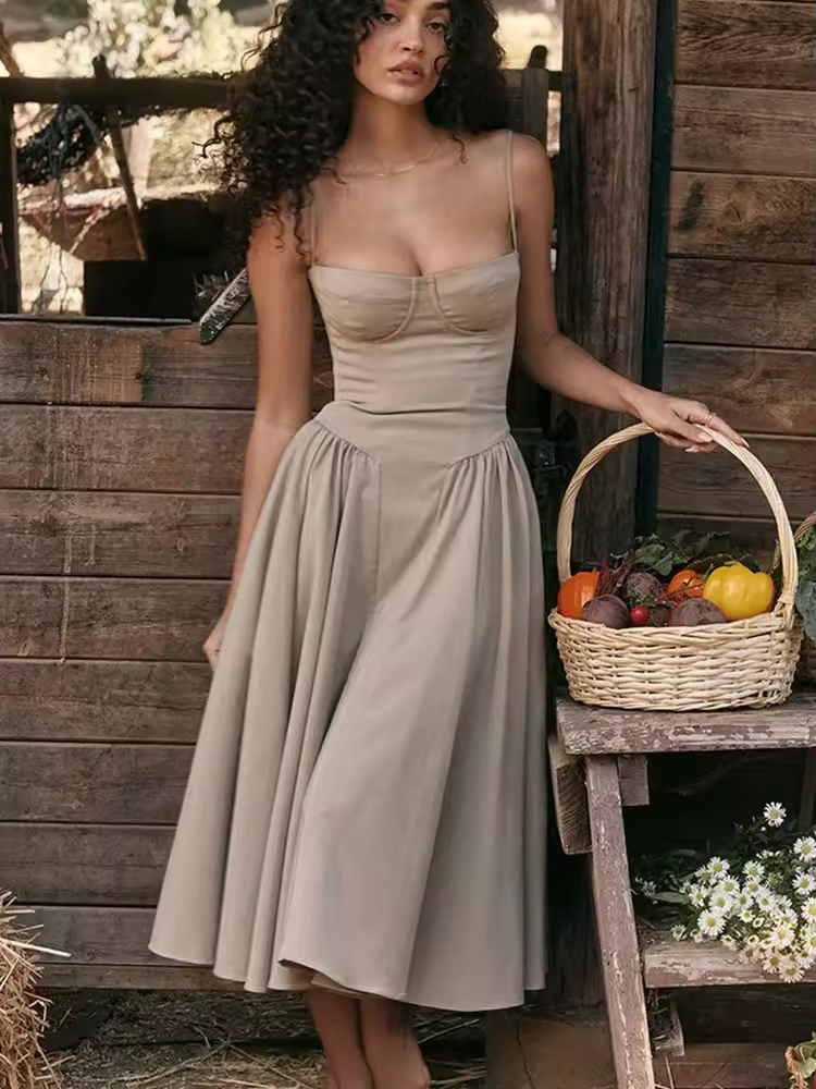 Robe mi-longue élégante d'été, coupe trapèze, col en V, bretelles spaghetti, tenue de soirée décontractée pour femmes, nouveautés