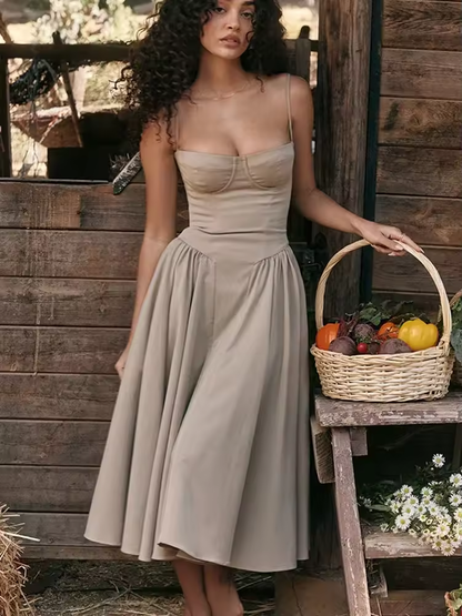 Robe mi-longue élégante d'été, coupe trapèze, col en V, bretelles spaghetti, tenue de soirée décontractée pour femmes, nouveautés
