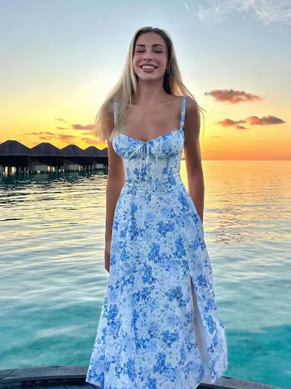 Vestido de verão com estampa floral para férias, elegante, midi, alças finas, com cadarço, linha A, roupa casual feminina