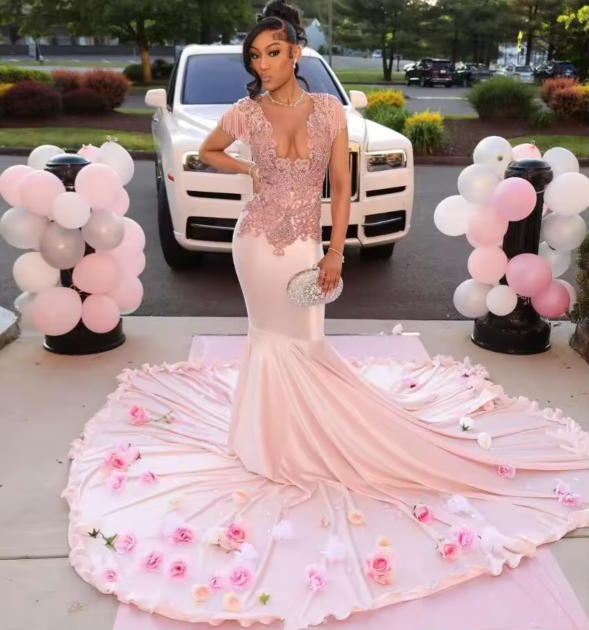 Robe de soirée sirène rose pêche scintillante, robe de bal d'anniversaire, luxueuse robe de soirée à pompons et cristaux, traine chapelle, robe de soirée pour fille noire