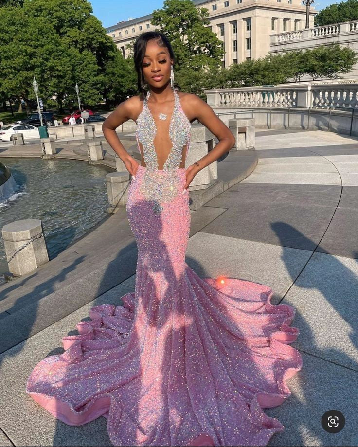 Robes de bal roses scintillantes, robe de soirée sirène rose à paillettes sexy pour bal de promo