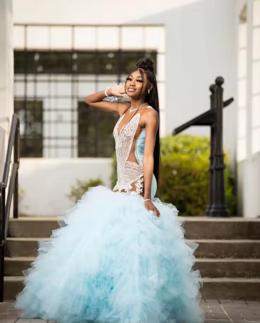 Vestido de fiesta de sirena africana azul menta para mujer, vestido de fiesta de lujo con cuentas de cristal negro para niña, vestido de gala, vestido de fiesta personalizado