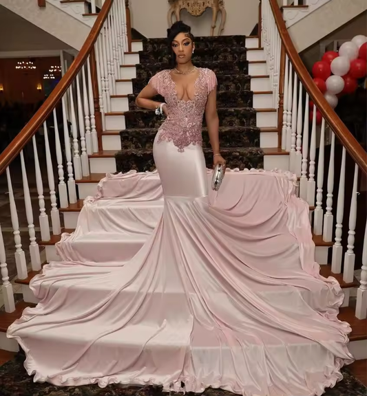 Vestido de festa de aniversário com sereia rosa pêssego, brilhante, luxuoso, borla, cristal, cauda capela, vestido de festa para cerimônia noturna, menina negra