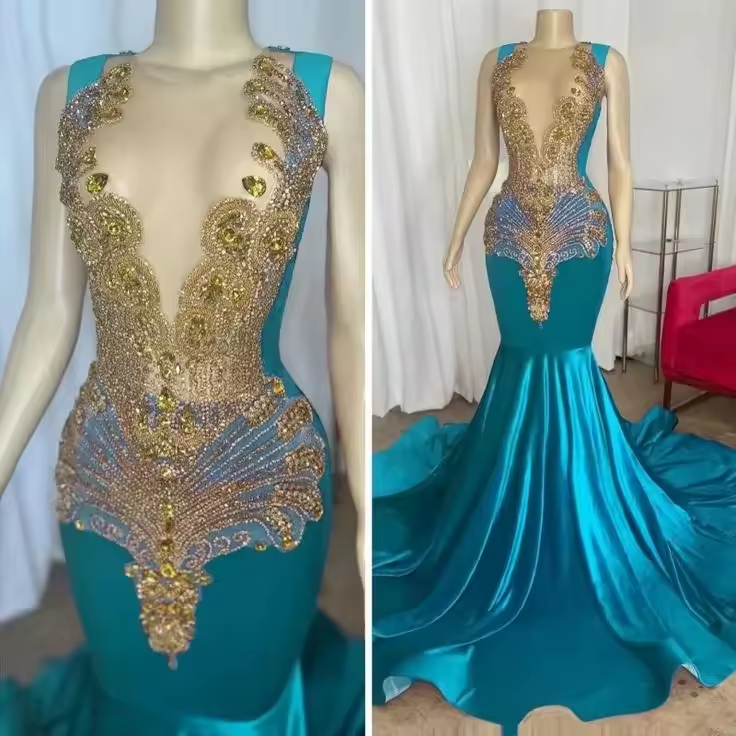 Vestido longo de baile azul para meninas negras, sereia, cetim transparente, penas, cristais, vestidos de festa de aniversário, vestido de noite feminino personalizado