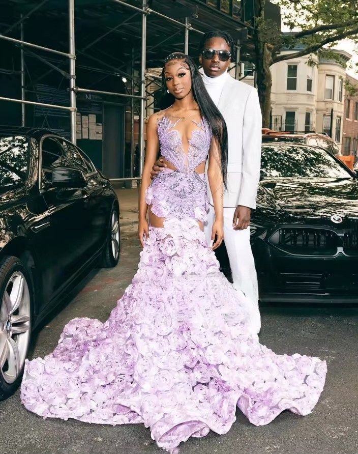 Vestidos de festa de formatura luxuosos em lilás claro com sereia para meninas negras 2025 com flores 3D personalizadas e transparentes