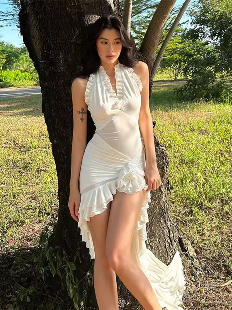Vestido feminino sexy de malha justa, transparente, com renda, justo, longo, feminino, praia, férias, costas nuas, elegante, vestido feminino