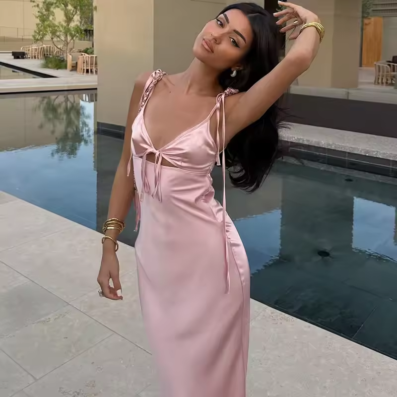 V-neck Cut Out Lace-Up Spaghetti Strap Dress For Women Summer Beach Long Dress Fashion Sexy Sleeveless Slim Gown Clothes