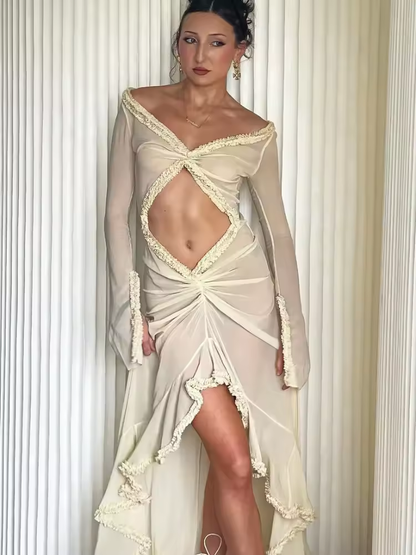 Vestido feminino com decote em V profundo e transparente, elegante, slim, vazado, para férias, praia, sexy, com babados e fenda, para noite