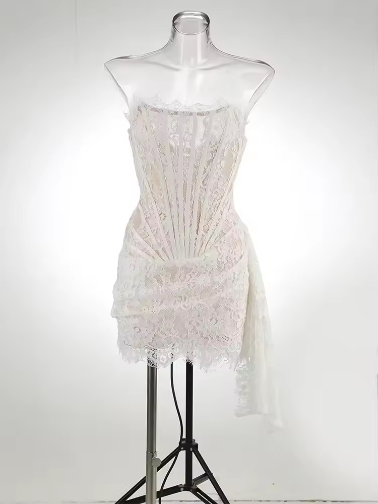 Vestido corpete sexy de renda transparente com patchwork, justo feminino, elegante para festa, minivestido feminino com top tubinho, novo