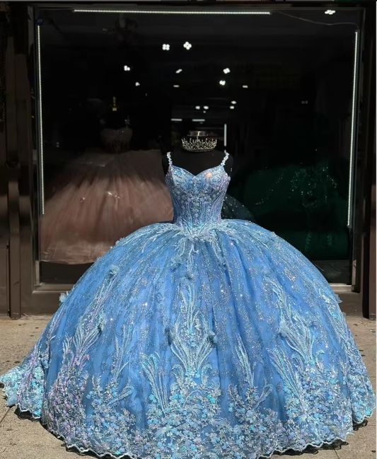 فساتين Quinceanera للأميرة باللون الأزرق السماوي 15 فساتين فاخرة بحزام سباغيتي مبهر وحزام شال فيستدو 15 Años Quinceañera مخصص