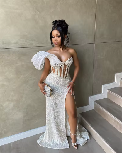Vestidos de noche de sirena blancos con pedrería y cuentas de cristal brillantes, vestidos de fiesta de boda, vestidos de fiesta de graduación personalizados