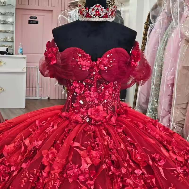 Robe de bal rouge brillante à épaules dénudées, avec appliques florales, perles et cristaux, en tulle, pour fête d'anniversaire, pour les 16 ans