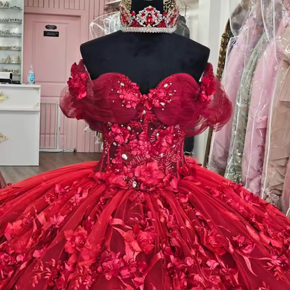 Robe de bal rouge brillante à épaules dénudées, avec appliques florales, perles et cristaux, en tulle, pour fête d'anniversaire, pour les 16 ans