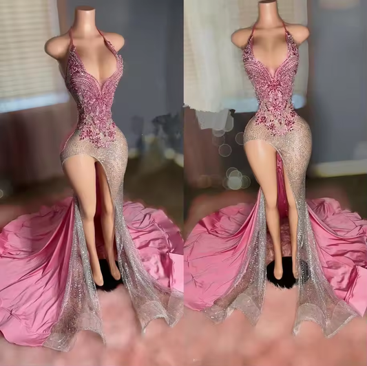 Vestido longo de noite formal rosa de luxo com trompete para mulheres, vestido de noivado com fenda sexy e cristal sob medida