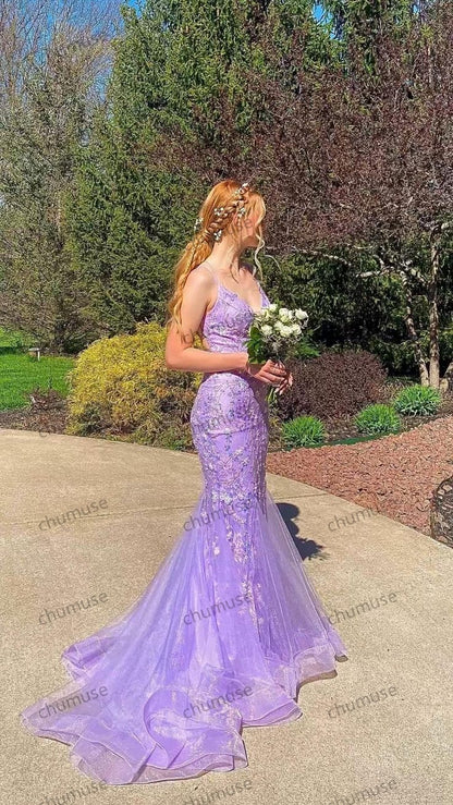 Robe de bal sirène lavande avec appliques et dos croisé