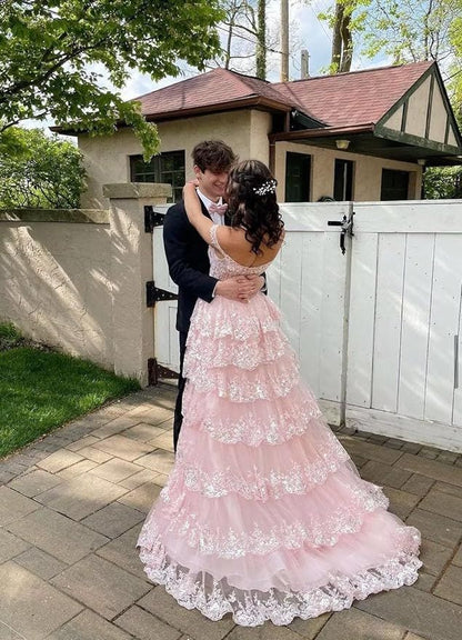 Lindo vestido longo de baile com decote em A e ombro de fora, de renda rosa e fenda, vestido formal de noite