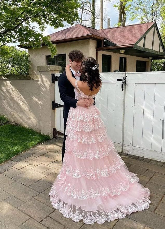 Lindo vestido longo de baile com decote em A e ombro de fora, de renda rosa e fenda, vestido formal de noite