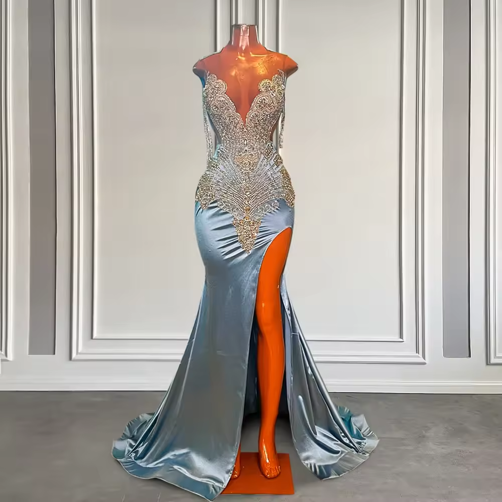 Vestido de baile sereia azul claro com fenda alta para meninas negras, com cristais brilhantes e strass, elegante, longo, para festa de gala, personalizado