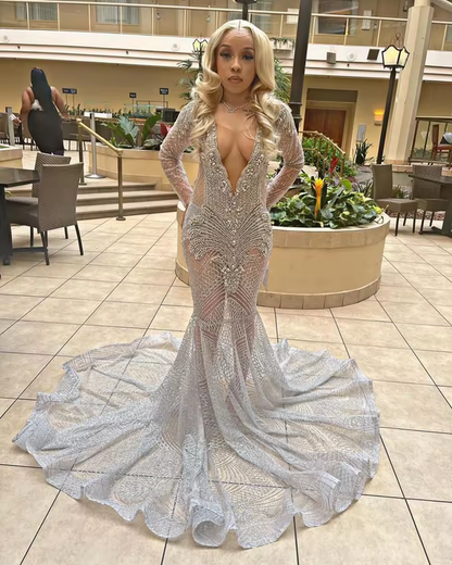 Vestidos de fiesta de manga larga 2025, sexys, brillantes, de lujo, estilo sirena, transparentes, con diamantes plateados y negros, para fiesta de graduación y gala.